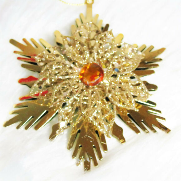 Gold Poinsettia Christmas Tree Ornament Snowflake 5" Metal Rhinestone New - Picture 4 of 5